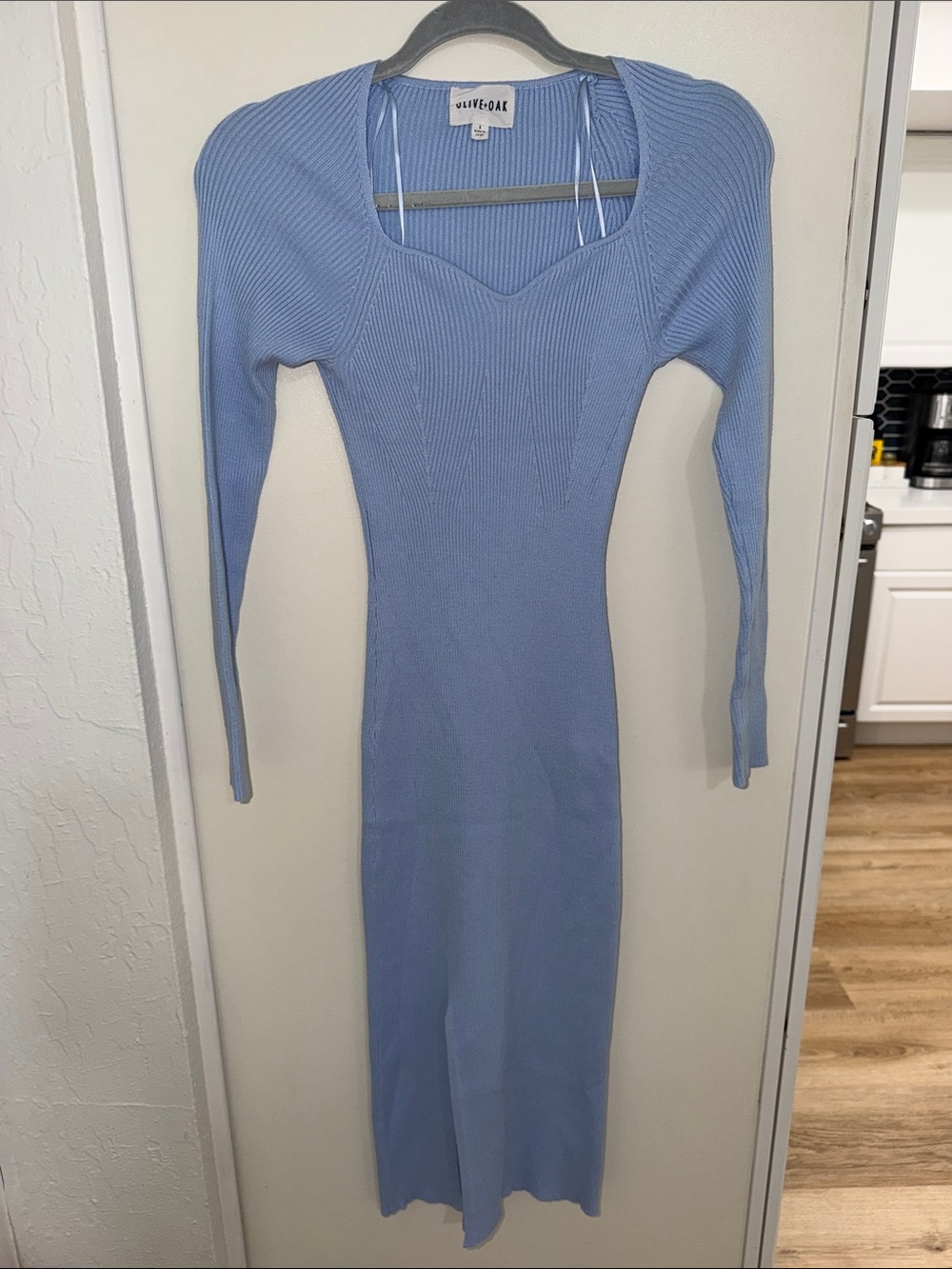 Olive & Oak Dusty Blue Ribbed Long Sleeve Bodycon Dress with Slit | S